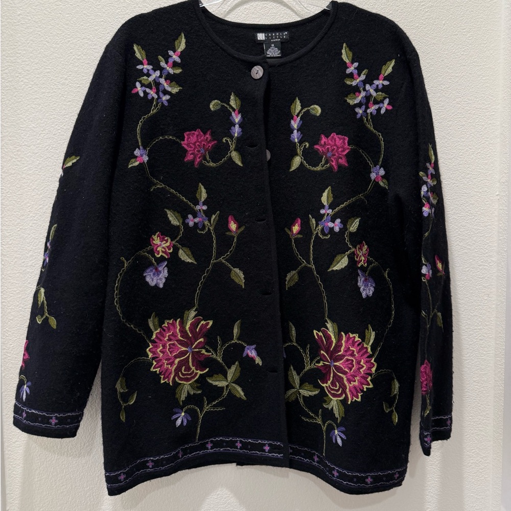 Carole Little Black Wool Floral Embroidered Button Cardigan 1X